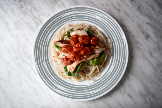 Brown Rice Spaghetti with roasted tomatoes